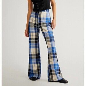 Free People Blue Plaid Boot Cut Pants
